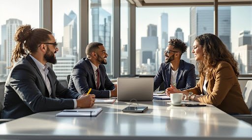 Professionals discussing ideas and developing business relationships during a networking meeting