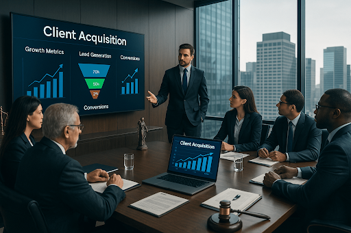 Client acquisition meeting reviewing growth metrics, lead generation and conversions