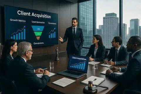 Client acquisition funnel shown during a business meeting